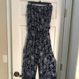 Navy Blue and White Flowy Halter Jumper